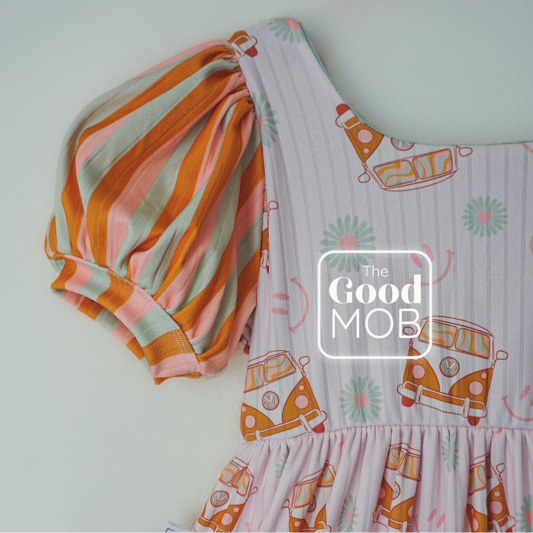 Handmade Retro Bus Dress for Girls – Puff Sleeve Twirl Dress with Striped Ruffle Hem | 70s Vibe Kids Clothing | The Good Mob