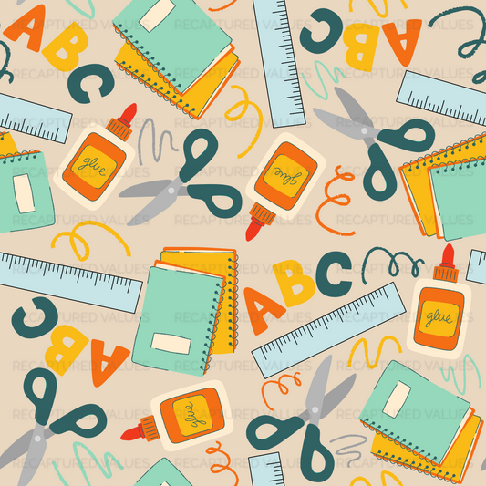 Back to School Seamless Fabric | School Supplies Pattern with Glue, Scissors, Rulers, Notebooks, ABC | Digital Download for Sublimation, Fabric Printing, Kids Clothing