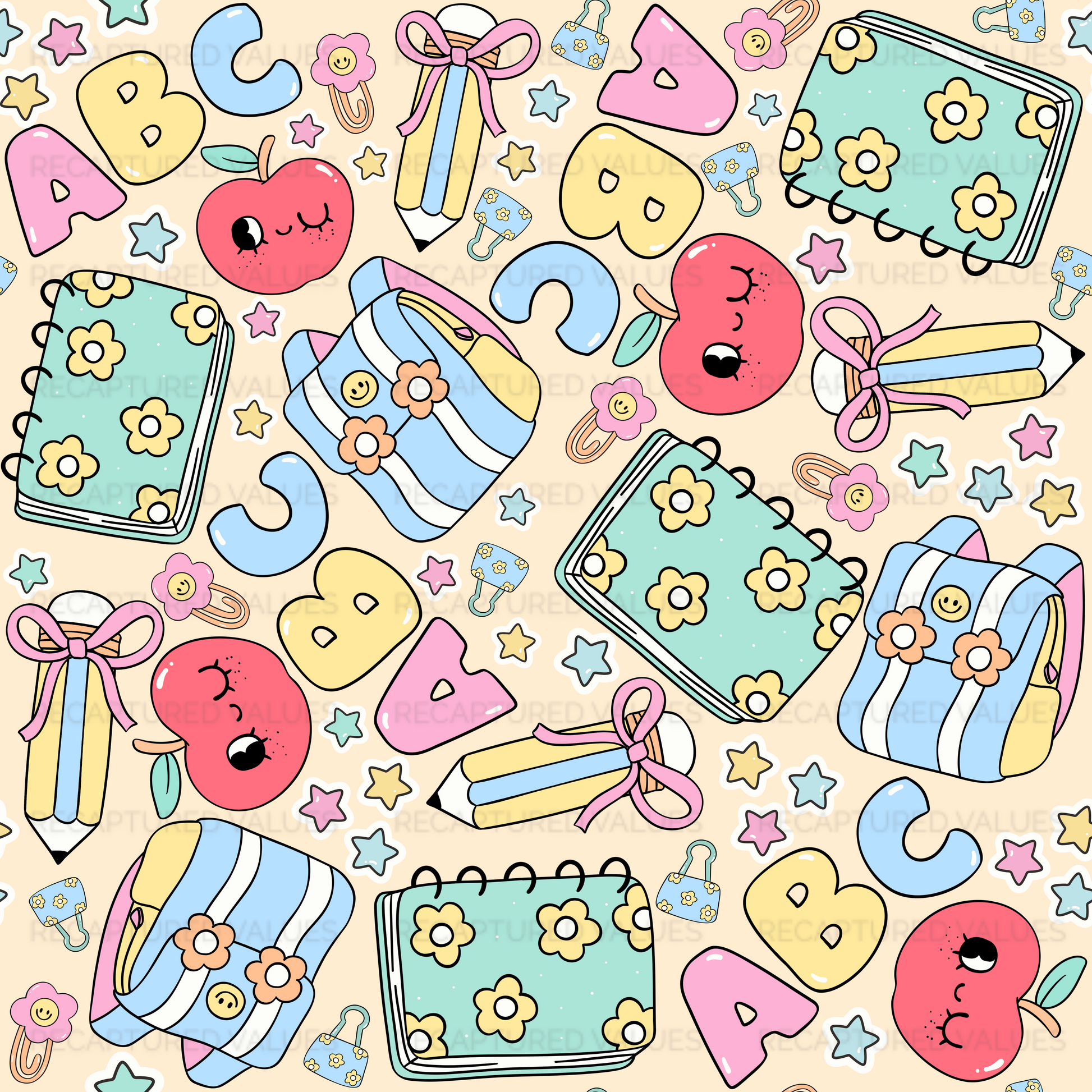 Colorful pattern of school supplies and letters on a beige background