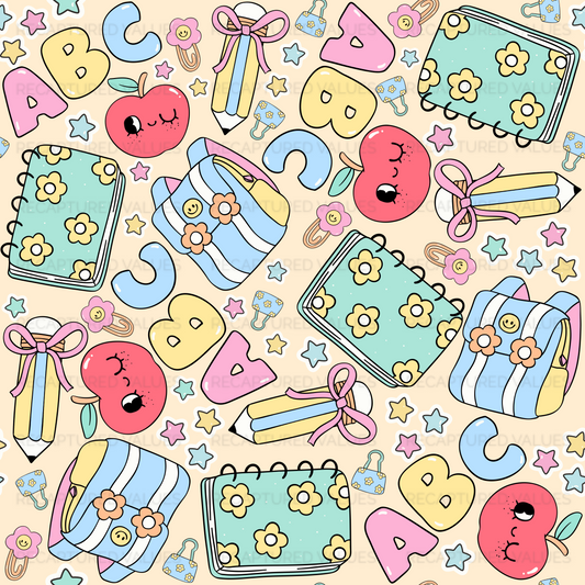 Colorful pattern of school supplies and letters on a beige background