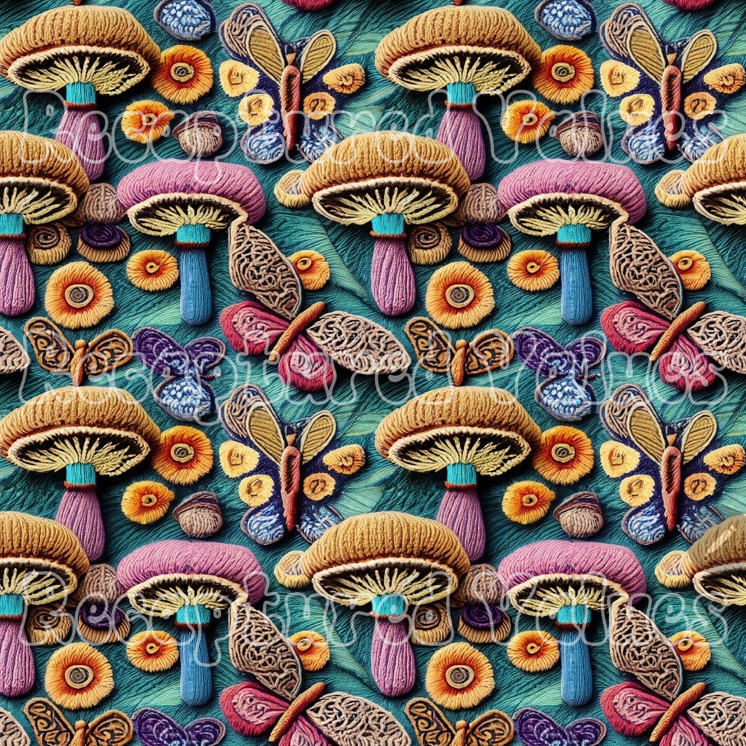 Embroidery Mushrooms and Buttetflies PNG Seamless Pattern Design // Recaptured Values - Recaptured Values