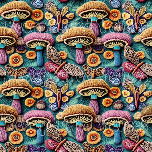 Embroidery Mushrooms and Buttetflies PNG Seamless Pattern Design // Recaptured Values - Recaptured Values