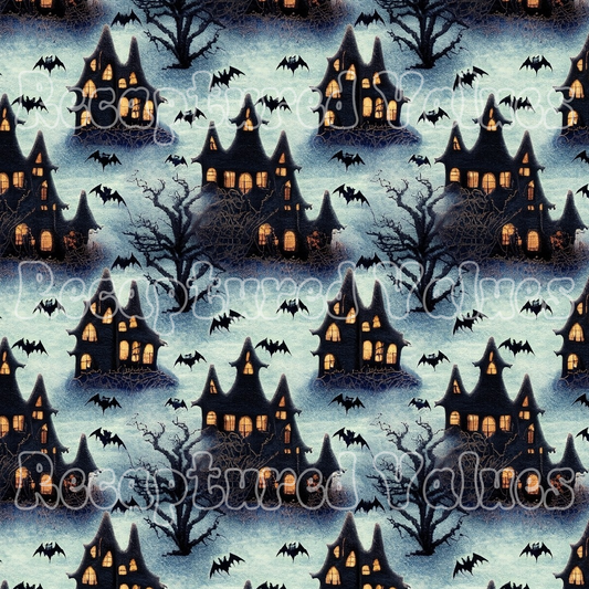 Embroidered Spooky Houses PNG Seamless Pattern Design // Recaptured Values - Recaptured Values