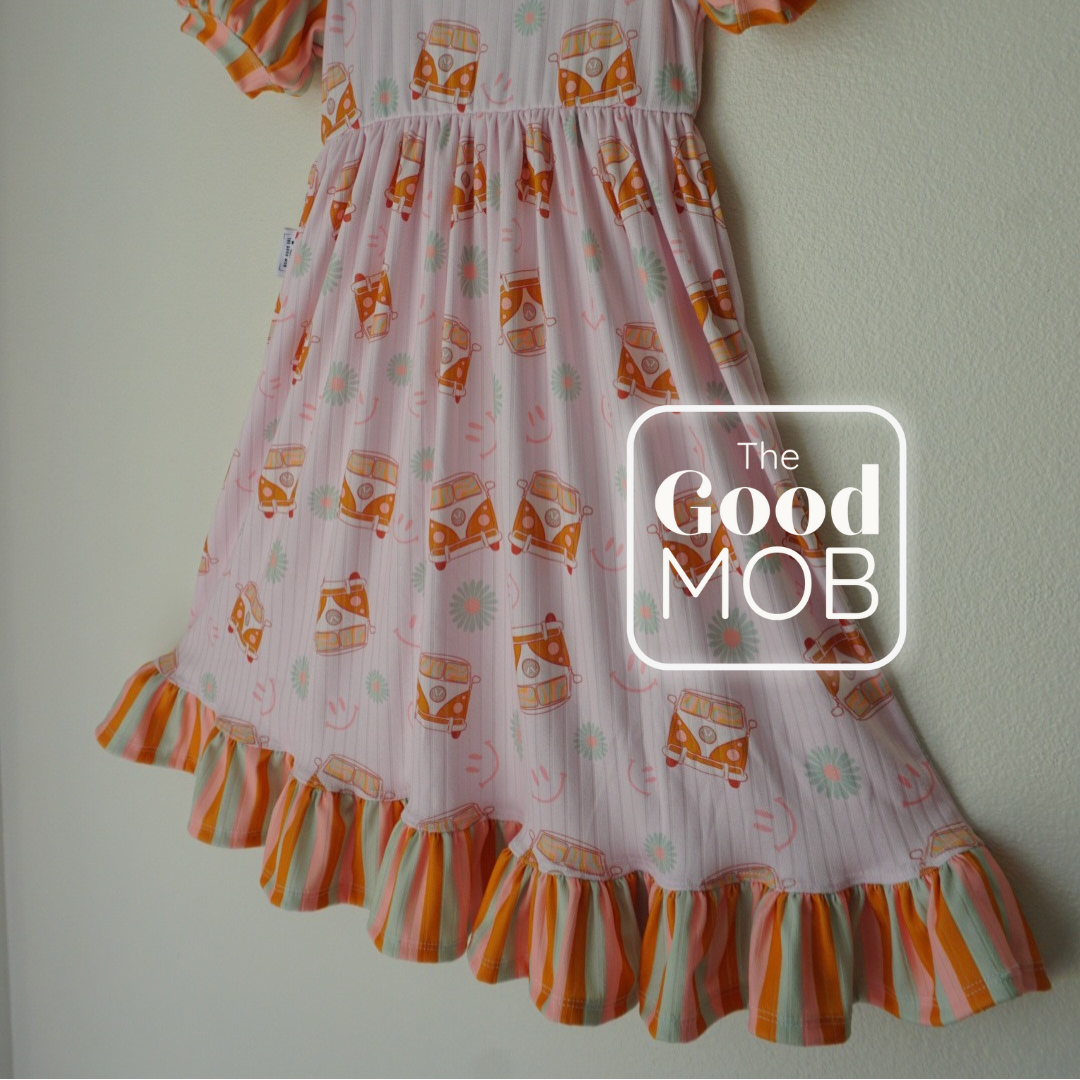 Handmade Retro Bus Dress for Girls – Puff Sleeve Twirl Dress with Striped Ruffle Hem | 70s Vibe Kids Clothing | The Good Mob
