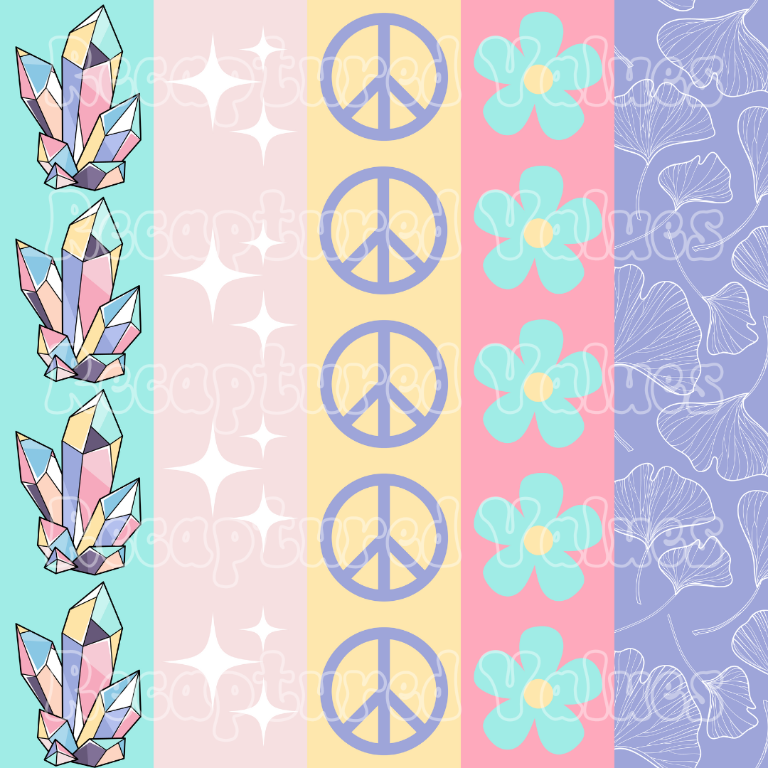 Pastel Colors Vertical Stripes with Crystals, Stars, Peace Symbols, Flowers, and white floral seamless design file for fabric
