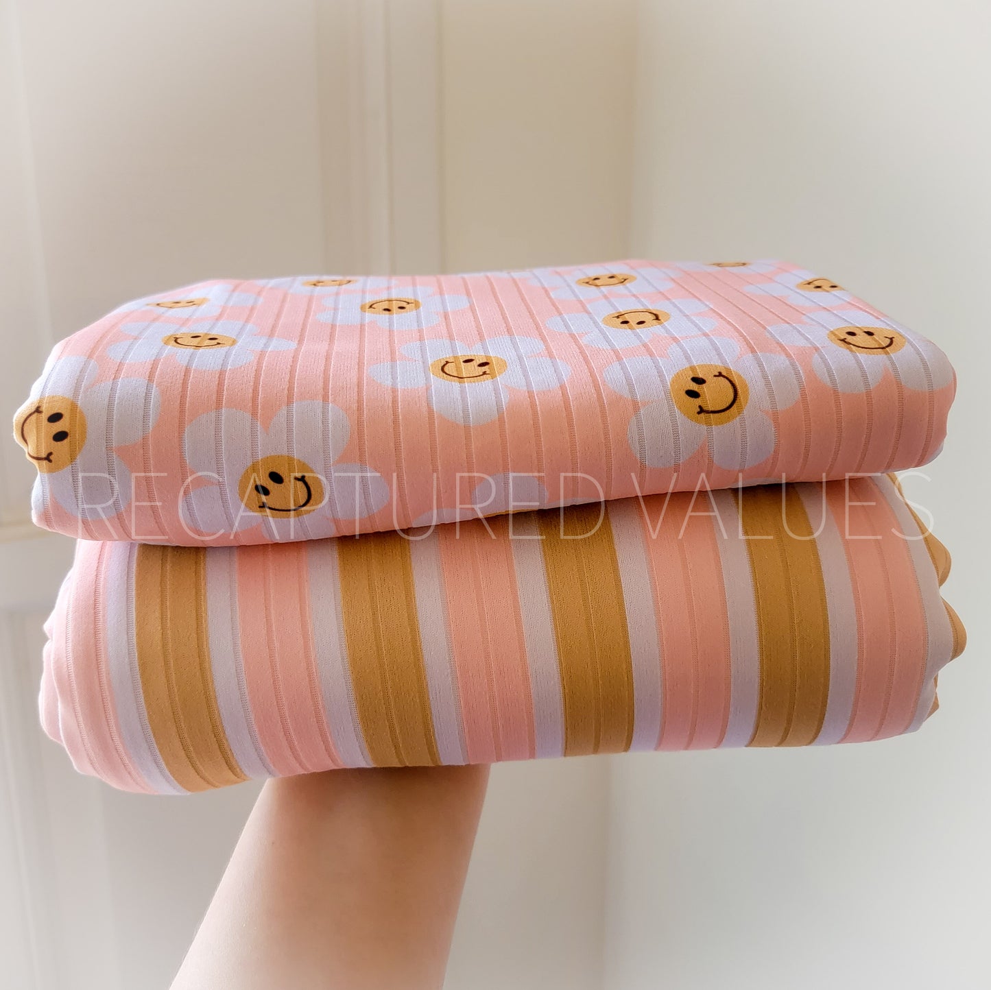 Groovy Retro Hippie Daisy Flower Halter Crop Top with Peachy Pink and Golden Honey Stripe Flared Bell Bottoms for Baby & Toddler Girls