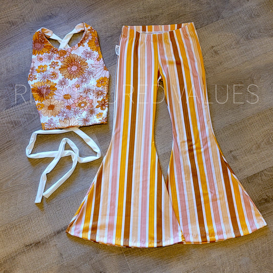 Groovy Retro Hippie Floral Halter Crop Top with Stripe Flared Bell Bottoms for Baby & Toddler Girls, Peach, Sunset, Rust Brown, Butterscotch
