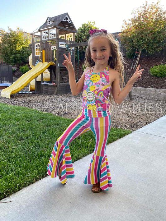 Groovy Hippie Rainbow Peace Sign Halter Crop Top, Twirl Bell Bottoms for Baby & Toddler Girls Cyan, Psychedelic Purple, Lemon Yellow, Pink, White - Recaptured Values
