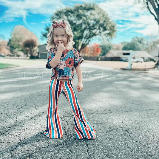 Groovy Retro Hippie Floral Oversized Crop Top and Stripe Flared Bell Bottoms for Baby and Toddler Girls, Navy/Rust Colors, Midnight Bloom