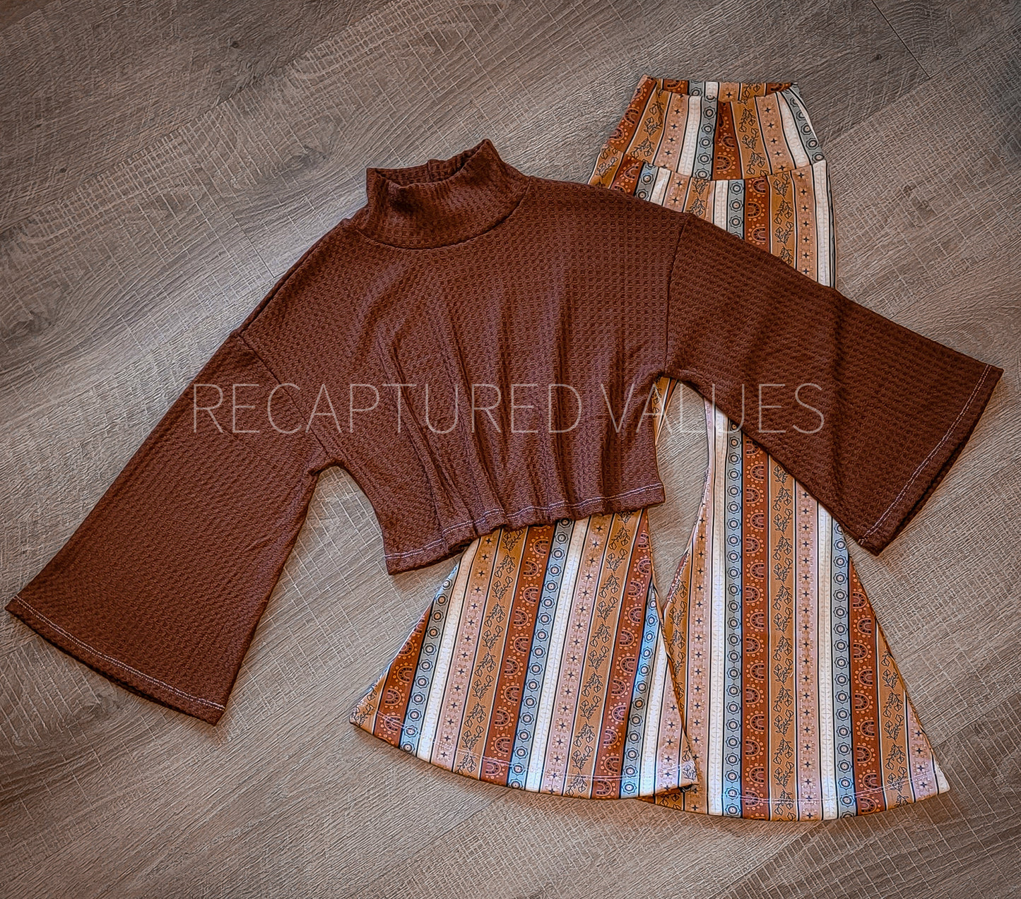 Cozy Boho Groovy Toddler Kids Sized Outfit Hippie Flared Bell Bottoms and Rust Mock Neck Sweater 2 Piece Outfit