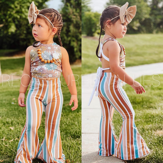Groovy Retro Hippie Floral Halter Crop Top & Stripe Flared Bell Bottoms for Baby and Toddler Girls, Teal Blue, Sand, Amber Brown, Cinnamon - Recaptured Values