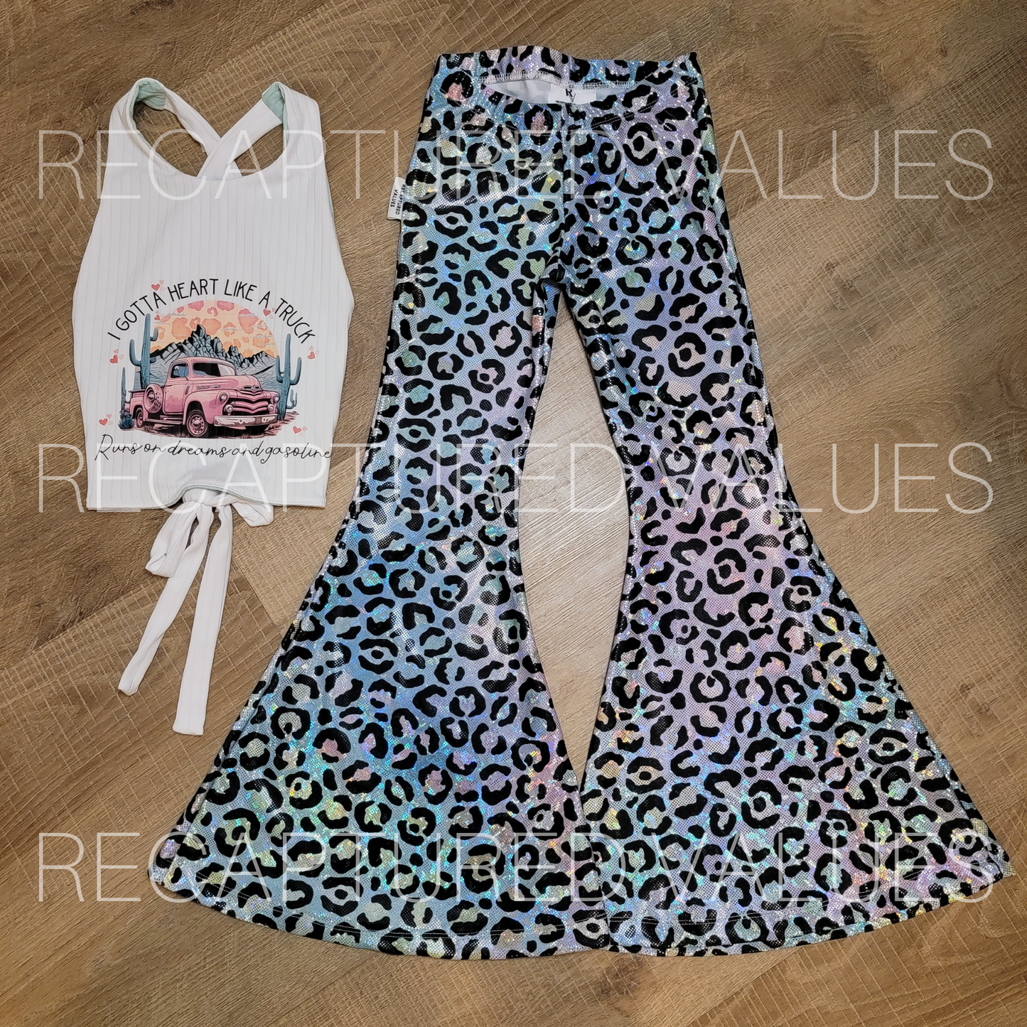 Heart Like a Truck, Lainey Wilson Inspired CMT Awards Outfit, Baby, Toddler, Kids Sized Iridescent Leopard Print Flared Bell Bottom Outfit - Recaptured Values