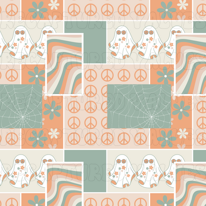 Groovy Retro Groovy Ghoul Patchwork PNG Seamless Pattern Design // Recaptured Values - Recaptured Values