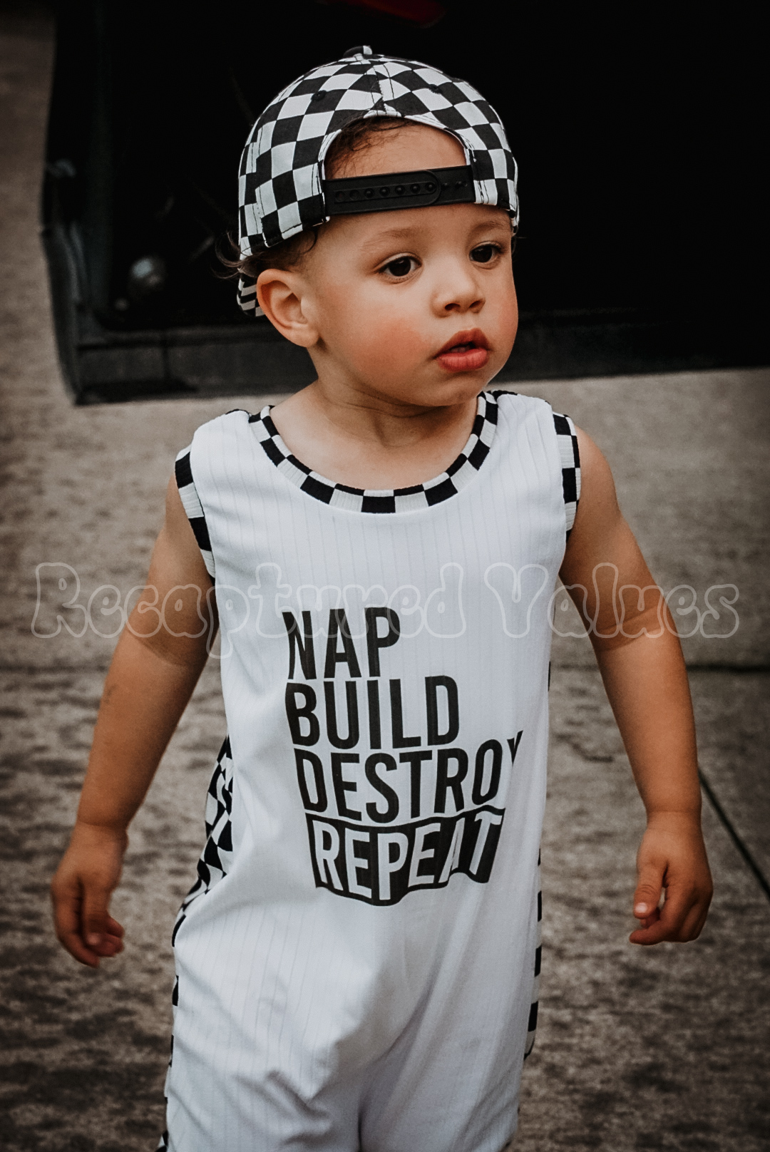 Nap, Build, Destroy, Repeat Handmade Children's Boy Tank Romper - Step-In Neck Design | Checker Print & Witty Motif - Recaptured Values