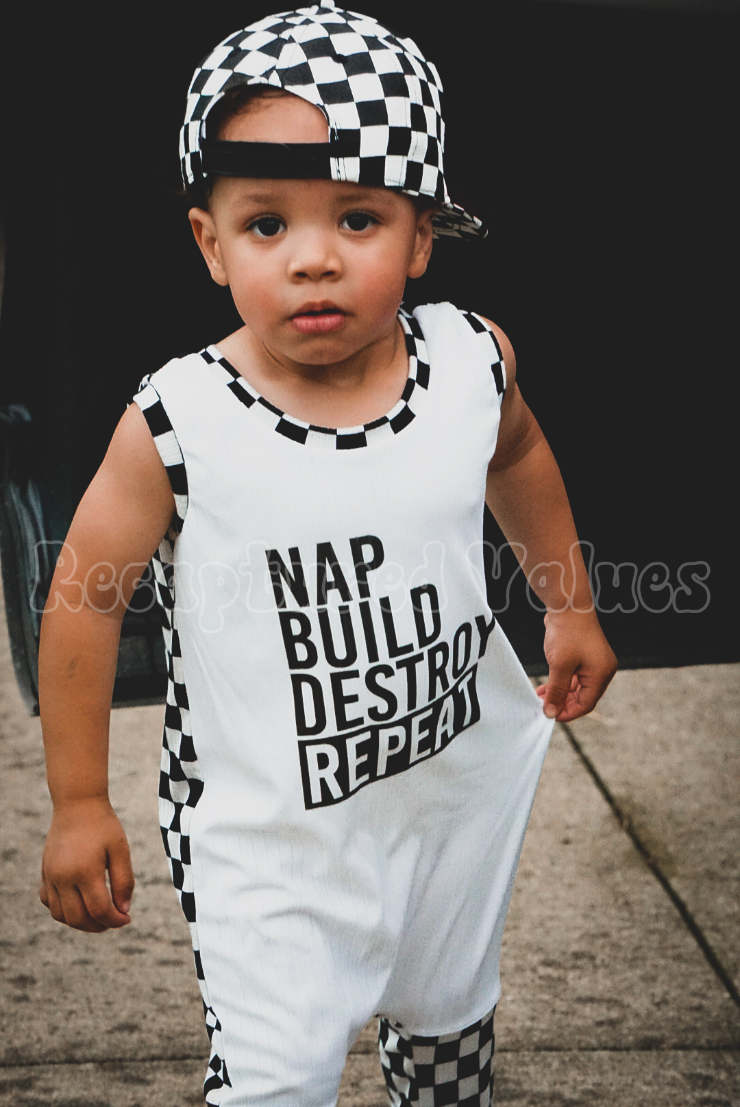 Nap, Build, Destroy, Repeat Handmade Children's Boy Tank Romper - Step-In Neck Design | Checker Print & Witty Motif - Recaptured Values