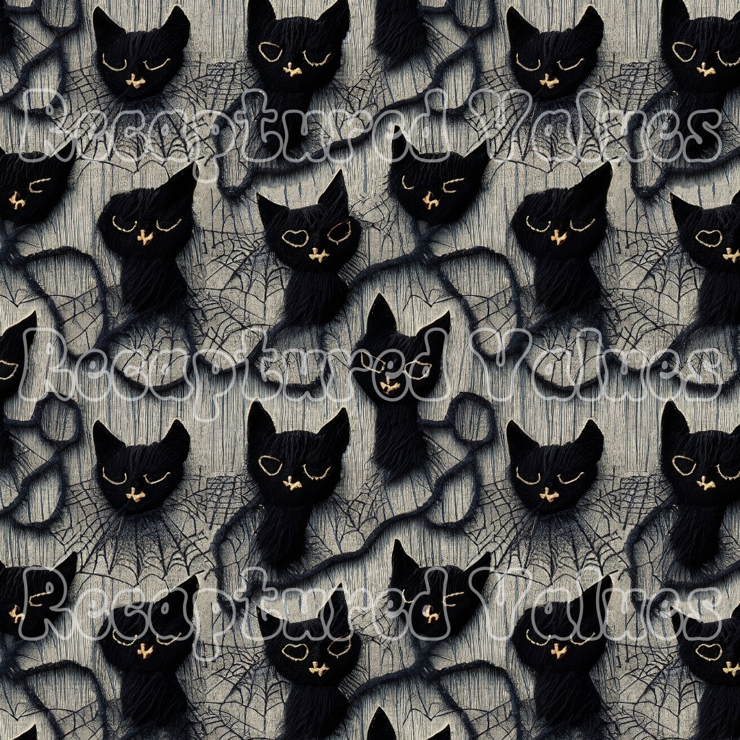 Embroidered Black Cats PNG Seamless Pattern Design // Recaptured Values - Recaptured Values