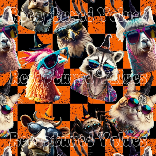 Witchy Party Animals Black and Orange Checkers PNG Seamless Pattern Design // Recaptured Values