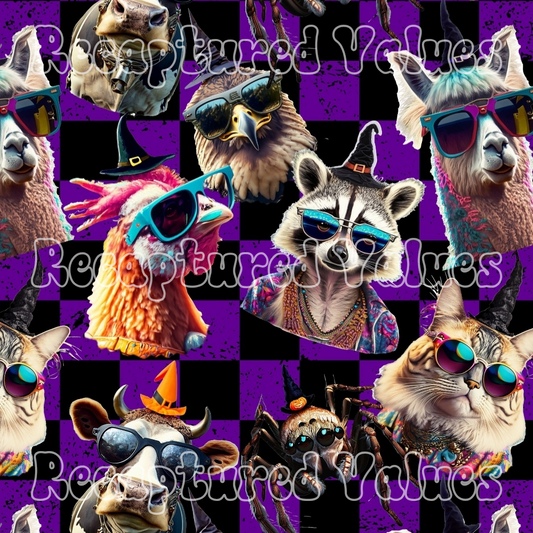 Witchy Party Animals Black and Purple Checkers PNG Seamless Pattern Design // Recaptured Values