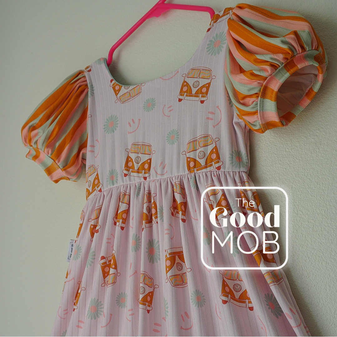 Handmade Retro Bus Dress for Girls – Puff Sleeve Twirl Dress with Striped Ruffle Hem | 70s Vibe Kids Clothing | The Good Mob