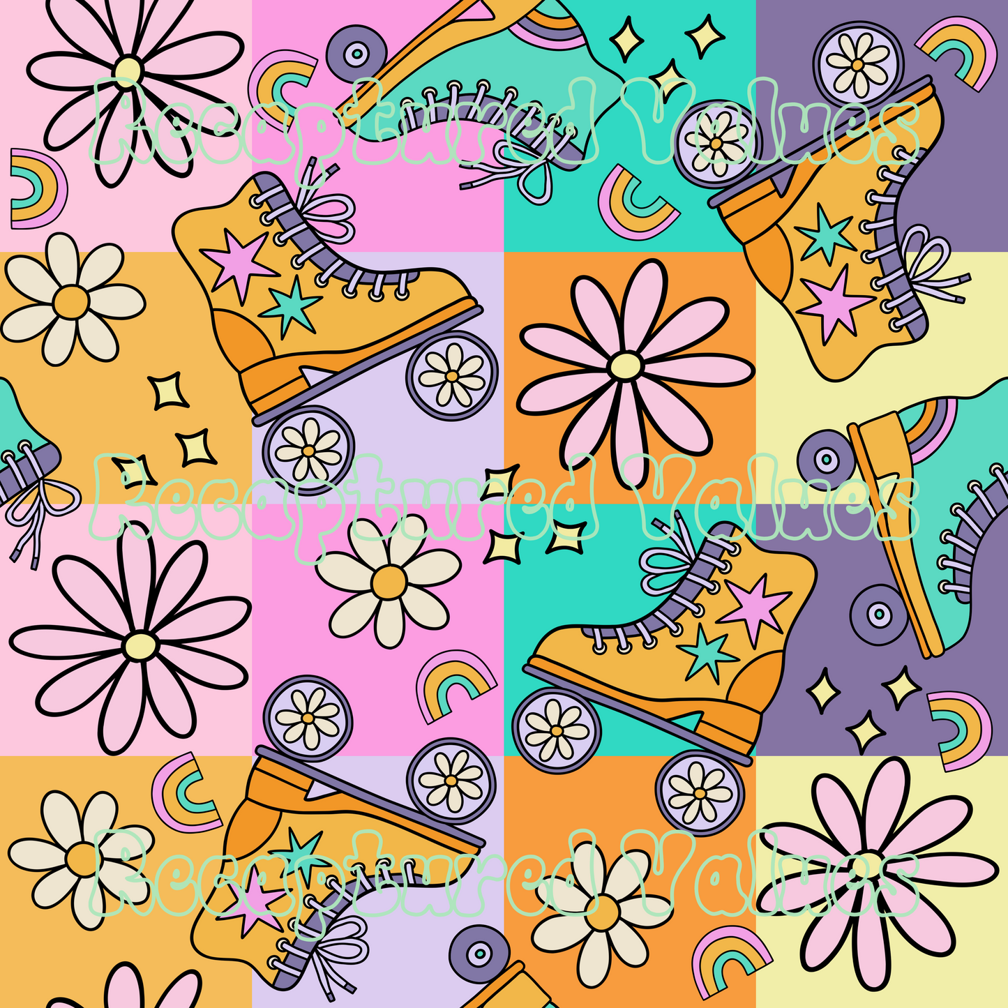 Groovy Roller Skates on Checkers PNG Seamless Pattern Design // Recaptured Values