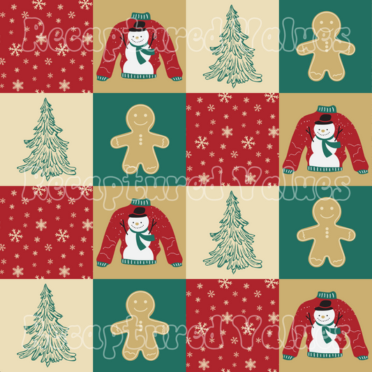 Classic Christmas Color Checkers with Snowflakes, Ugly Sweater, Christmas Tree, and Gingerbread Clipart Seamless Design Fabric File