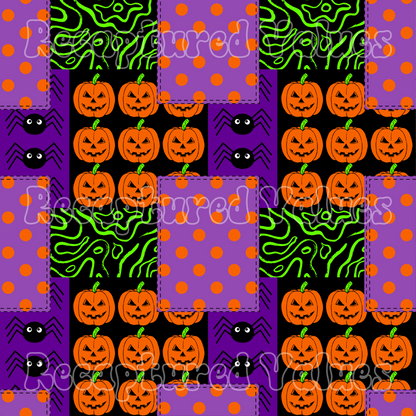 Purple, Orange, and Neon Green Jack-o-Lantern, Black Spider, and Polka Dot Seamless Patchwork Fabric File