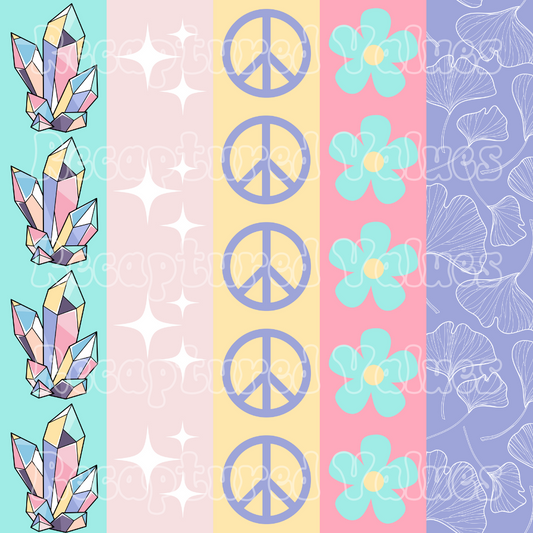 Pastel Colors Vertical Stripes with Crystals, Stars, Peace Symbols, Flowers, and white floral seamless design file for fabric