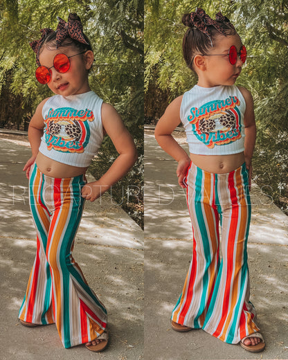 Groovy Retro Hippie Summer Vibes Crop Top & Stripe Flared Bell Bottoms for Baby/Toddler Girls, Deep Sea Green, Beige, Crimson Red, Golden