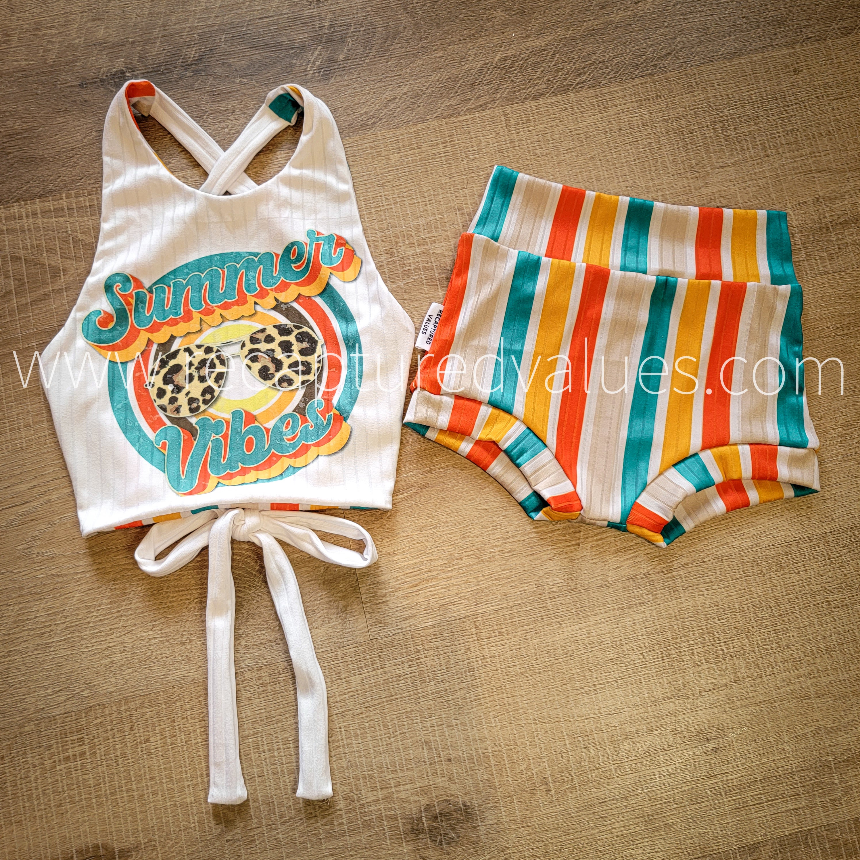Summer Vibes Tie Open Back Reversible Halter Crop Top and Stripe Bummie Shorts - Recaptured Values