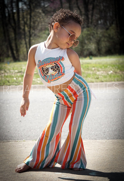 Groovy Retro Hippie Summer Vibes Crop Top & Stripe Flared Bell Bottoms for Baby/Toddler Girls, Deep Sea Green, Beige, Crimson Red, Golden