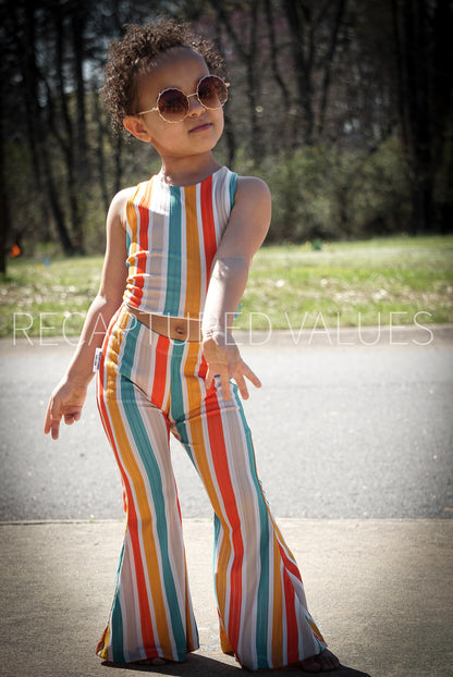 Groovy Retro Hippie Summer Vibes Crop Top & Stripe Flared Bell Bottoms for Baby/Toddler Girls, Deep Sea Green, Beige, Crimson Red, Golden