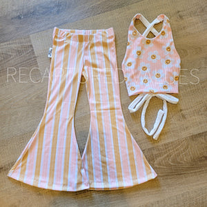 Groovy Retro Hippie Daisy Flower Halter Crop Top with Peachy Pink and Golden Honey Stripe Flared Bell Bottoms for Baby & Toddler Girls
