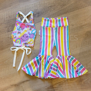 Groovy Hippie Rainbow Peace Sign Halter Crop Top, Twirl Bell Bottoms for Baby & Toddler Girls Cyan, Psychedelic Purple, Lemon Yellow, Pink, White - Recaptured Values