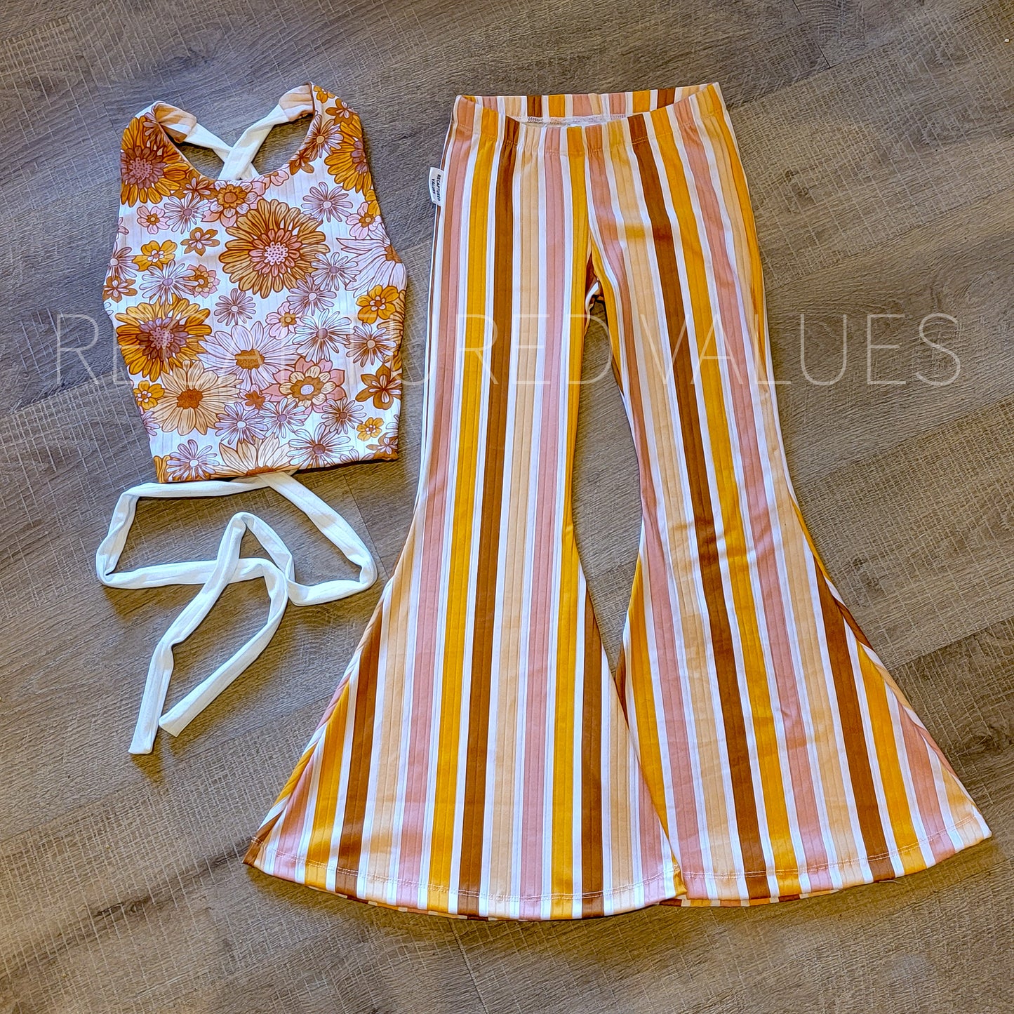 Groovy Retro Hippie Floral Halter Crop Top with Stripe Flared Bell Bottoms for Baby & Toddler Girls, Peach, Sunset, Rust Brown, Butterscotch
