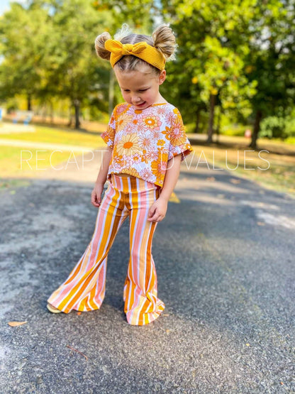 Groovy Retro Oversized Crop Top and Stripe Flared Bell Bottoms for Baby and Toddler Girls, FALL/Autumn Colors