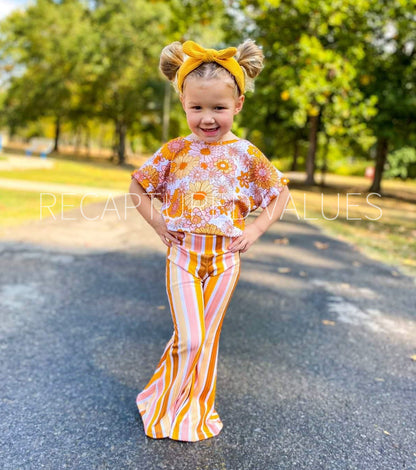 Groovy Retro Oversized Crop Top and Stripe Flared Bell Bottoms for Baby and Toddler Girls, FALL/Autumn Colors