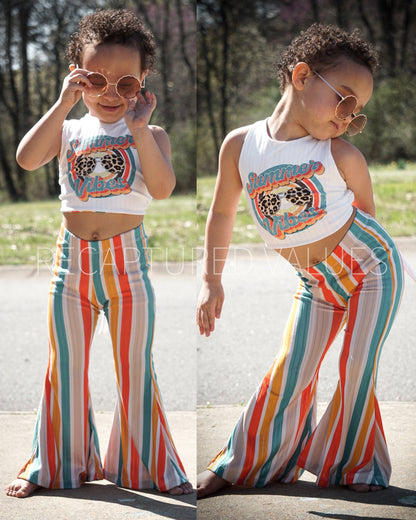 Groovy Retro Hippie Summer Vibes Crop Top & Stripe Flared Bell Bottoms for Baby/Toddler Girls, Deep Sea Green, Beige, Crimson Red, Golden