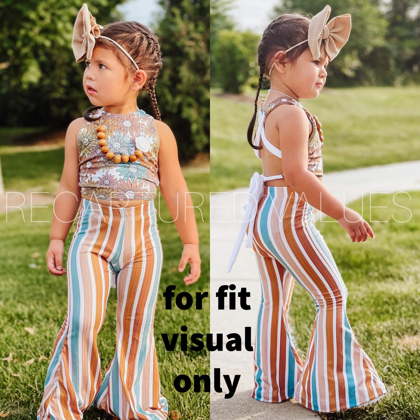 Groovy Retro Hippie Floral Halter Crop Top with Stripe Flared Bell Bottoms for Baby & Toddler Girls, Peach, Sunset, Rust Brown, Butterscotch