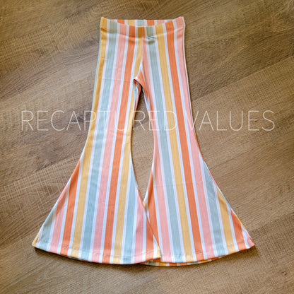 Groovy Retro Hippie Stripe Flared Bell Bottoms for Baby and Toddler Girls, Coral Spice, Peach, Minty Sage, Sunflower Yellow