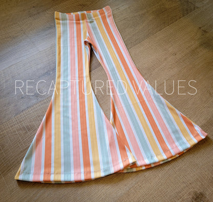 Groovy Retro Hippie Stripe Flared Bell Bottoms for Baby and Toddler Girls, Coral Spice, Peach, Minty Sage, Sunflower Yellow