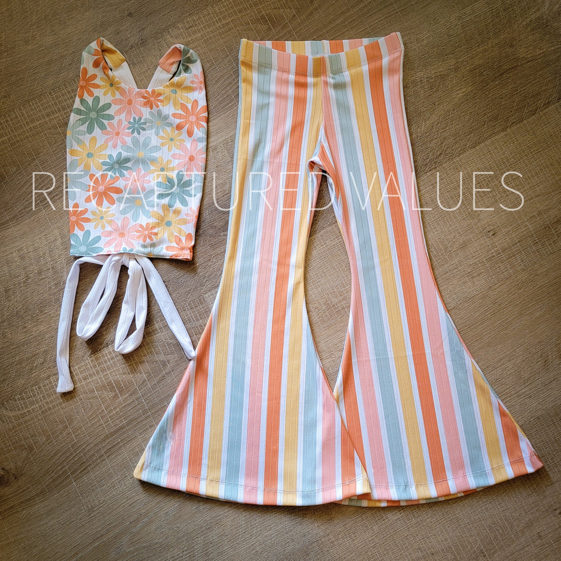 Groovy Hippie Floral Halter Crop Top with Flared Bell Bottoms for Baby & Toddler Girls, Coral Spice, Peach, Minty Sage, Sunflower Yellow - Recaptured Values