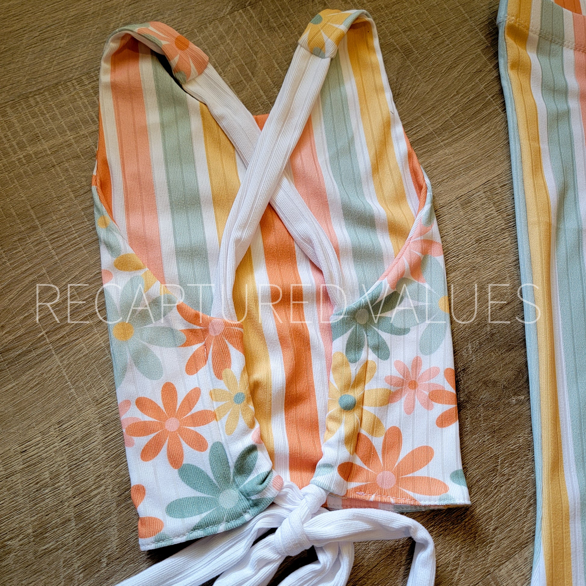Groovy Hippie Floral Halter Crop Top with Flared Bell Bottoms for Baby & Toddler Girls, Coral Spice, Peach, Minty Sage, Sunflower Yellow - Recaptured Values