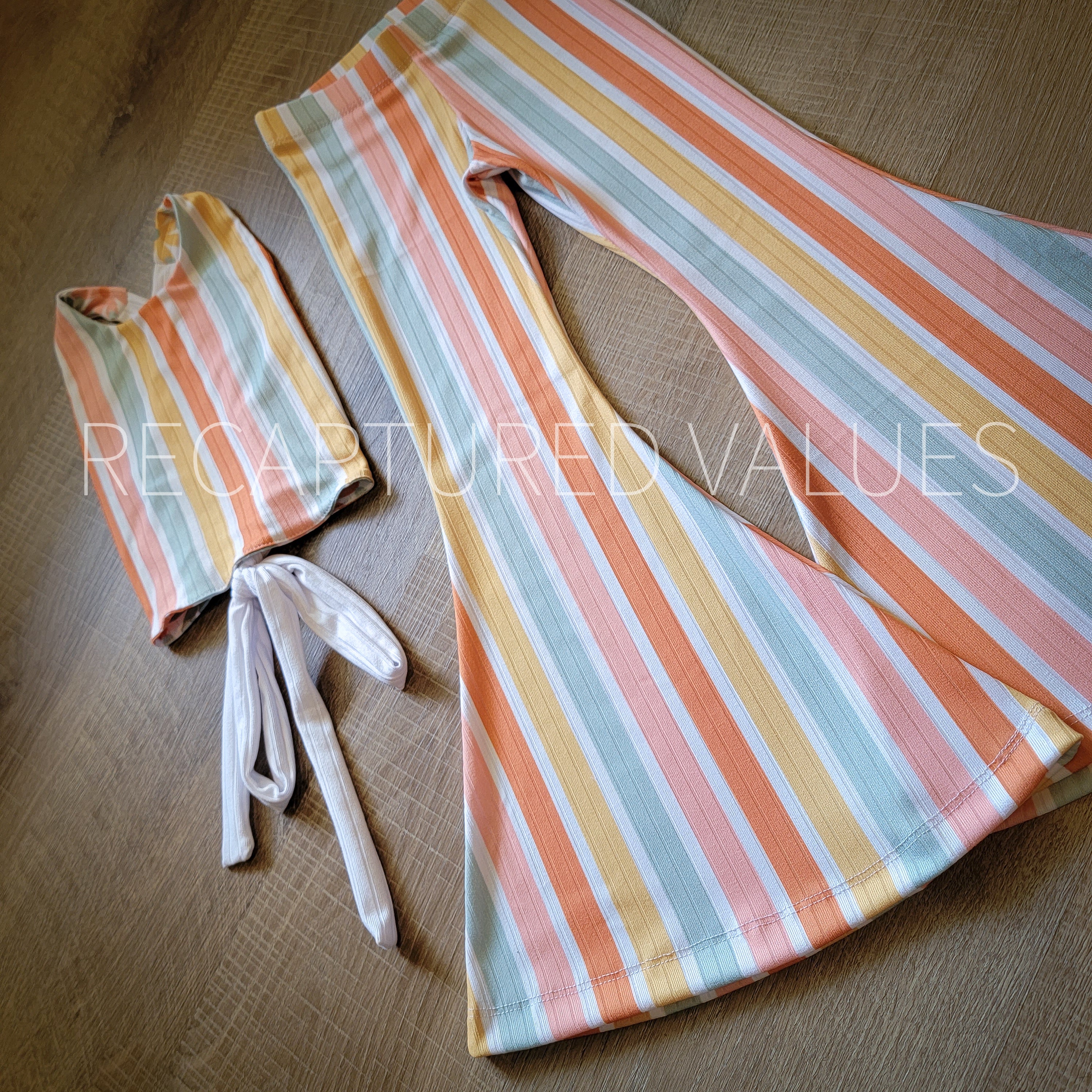 Groovy Hippie Floral Halter Crop Top with Flared Bell Bottoms for Baby & Toddler Girls, Coral Spice, Peach, Minty Sage, Sunflower Yellow - Recaptured Values