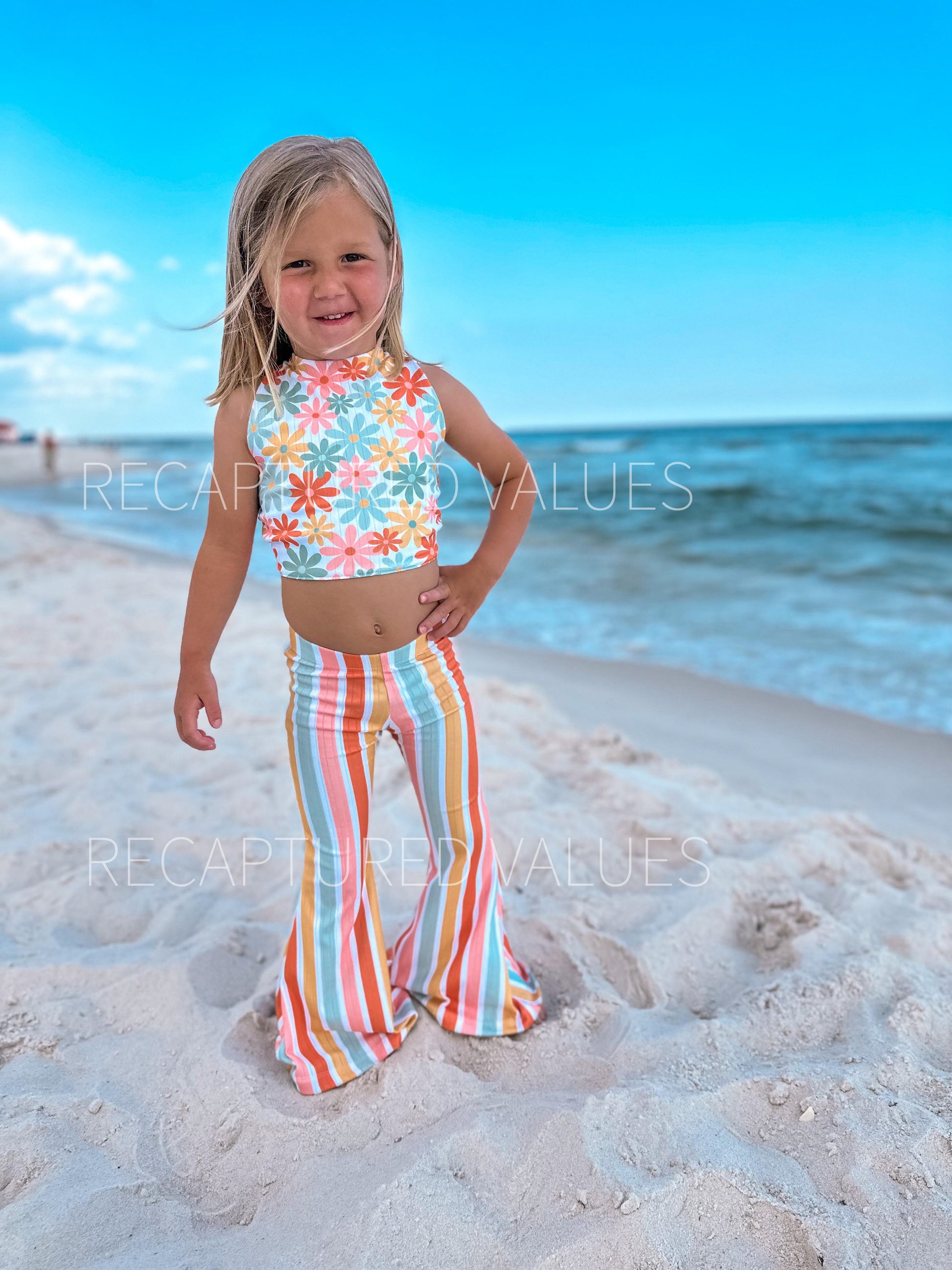 Groovy Hippie Floral Halter Crop Top with Flared Bell Bottoms for Baby & Toddler Girls, Coral Spice, Peach, Minty Sage, Sunflower Yellow - Recaptured Values