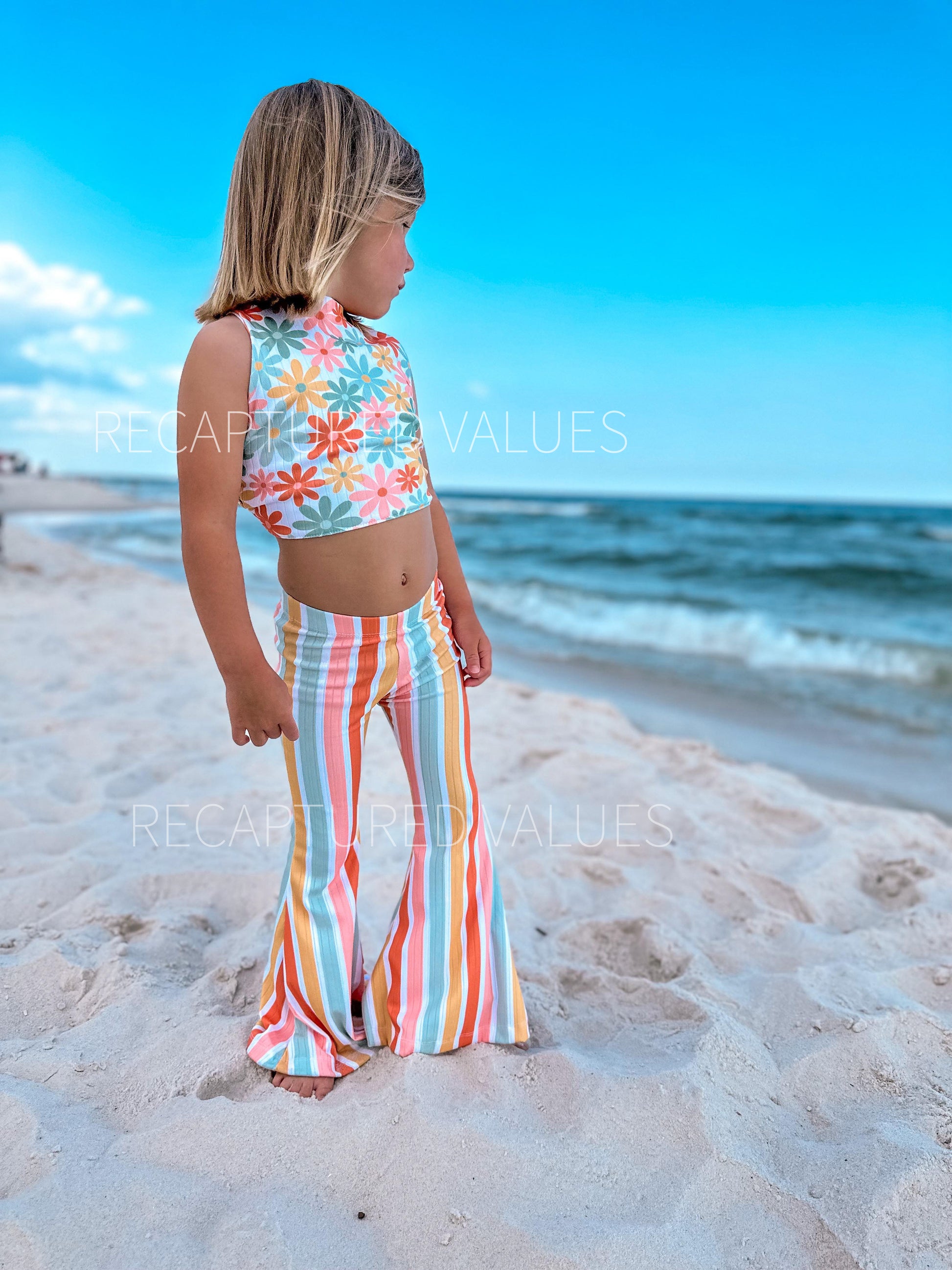 Groovy Hippie Floral Halter Crop Top with Flared Bell Bottoms for Baby & Toddler Girls, Coral Spice, Peach, Minty Sage, Sunflower Yellow - Recaptured Values