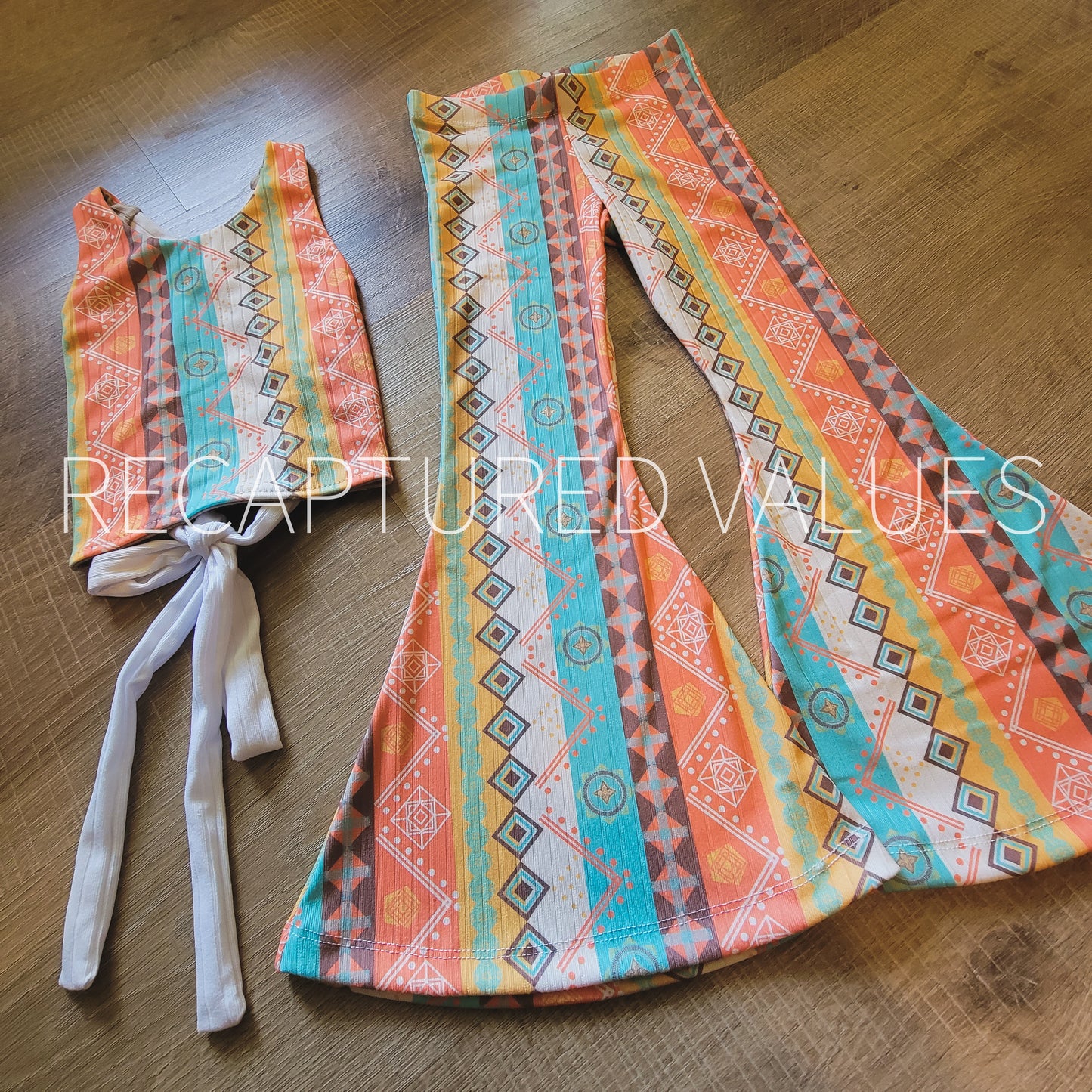 Retro Boho Stripes Hippie Reversible Halter Crop Top with Matching Flared Bell Bottoms for Baby & Toddler Girls