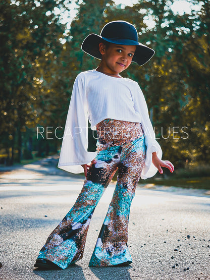 Lainey Wilson Inspired, Baby, Toddler, Kids Sized Iridescent Cowhide, Blue Paisley Bandana, and Gold Glitter Print Flared Bell Bottom Outfit