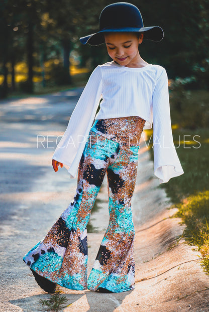 Lainey Wilson Inspired, Baby, Toddler, Kids Sized Iridescent Cowhide, Blue Paisley Bandana, and Gold Glitter Print Flared Bell Bottom Outfit