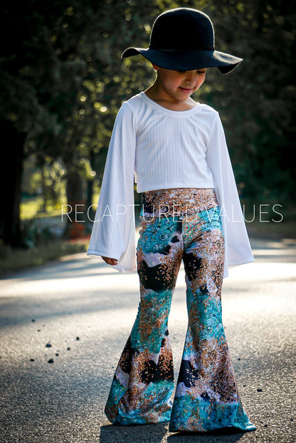 Lainey Wilson Inspired, Baby, Toddler, Kids Sized Iridescent Cowhide, Blue Paisley Bandana, and Gold Glitter Print Flared Bell Bottom Outfit