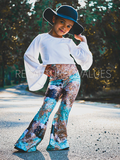 Lainey Wilson Inspired, Baby, Toddler, Kids Sized Iridescent Cowhide, Blue Paisley Bandana, and Gold Glitter Print Flared Bell Bottom Outfit